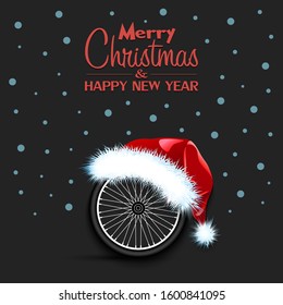 Merry Christmas and Happy New year. Bicycle wheel in santa hat and snowflakes on isolated background. Minimalistic pattern for graphic design greeting card, poster, flyer. Vector illustration