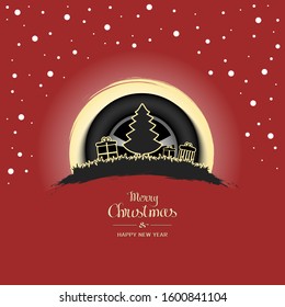 Merry Christmas and Happy New year. Christmas tree with boxes of gifts on a background of the car wheel and snow. Minimalistic pattern for graphic design greeting card. Vector illustration
