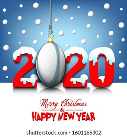 Merry Christmas and Happy New Year. Number 2020 and  rugby ball as a Christmas decorations hanging on strings amid falling snow on a mirror surface. Pattern for greeting card. Vector illustration
