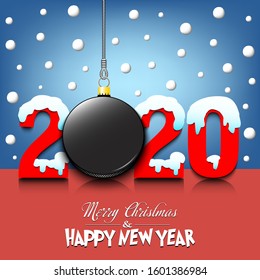 Merry Christmas and Happy New Year. Number 2020 and hockey puck as a Christmas decorations hanging on strings amid falling snow on a mirror surface. Pattern for greeting card. Vector illustration