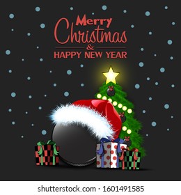 Merry Christmas and Happy New Year. Hockey puck, Christmas tree and  gift boxes. Snowflakes on the background. Greeting card design template with for new year.  Vector illustration