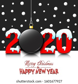 Merry Christmas and Happy New Year. Number 2020 and hockey puck as a Christmas decorations hanging on strings amid falling snow on a mirror surface. Pattern for greeting card. Vector illustration