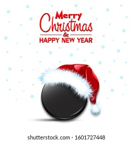 Merry Christmas and Happy New year. Hockey puck in santa hat and snowflakes on isolated background. Minimalistic pattern for graphic design greeting card, poster, flyer. Vector illustration
