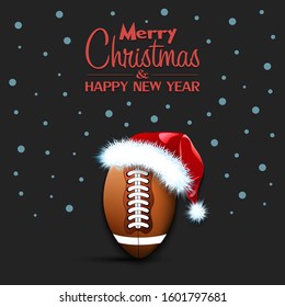 Merry Christmas and Happy New year. Football ball in santa hat and snowflakes on isolated background. Minimalistic pattern for graphic design greeting card, poster, flyer. Vector illustration