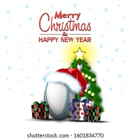 Merry Christmas and Happy New Year. Rugby ball, Christmas tree and  gift boxes. Snowflakes on the background. Greeting card design template with for new year.  Vector illustration