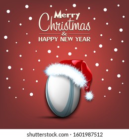 Merry Christmas and Happy New year. Rugby ball in santa hat and snowflakes on isolated background. Minimalistic pattern for graphic design greeting card, poster, flyer. Vector illustration