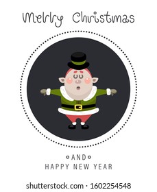Merry christmas and happy new year greeting card. The inscription and christmas elf. Vector illustration.