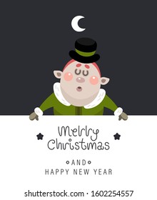 Merry christmas and happy new year greeting card. The inscription and christmas elf. Vector illustration.