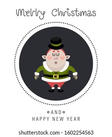 Merry christmas and happy new year greeting card. The inscription and christmas elf. Vector illustration.
