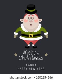 Merry christmas and happy new year greeting card. The inscription and christmas elf. Vector illustration.