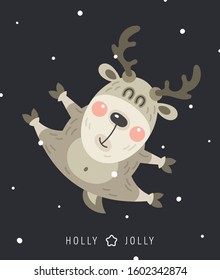 Merry christmas and happy new year greeting card. Festive inscription and rosy deer. Vector illustration.