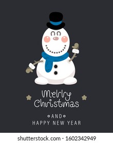 Merry christmas and happy new year greeting card. Festive inscription and snowman. Vector illustration.