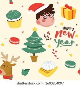 Merry Christmas and Happy new year seamless pattern with Santa Claus, dessert, cupcake, christmas tree and gifts on background. Vector illustration.
