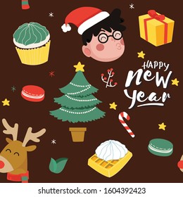 Merry Christmas and Happy new year seamless pattern with Santa Claus, dessert, cupcake, christmas tree and gifts on background. Vector illustration.
