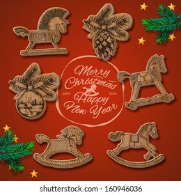 Merry Christmas and Happy New Year vintage card with rocking toys horses, vector image. 