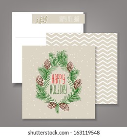 Merry Christmas and Happy New Year Card. Christmas Wreath.