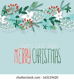 Merry Christmas and Happy New Year Card. Christmas Wreath.