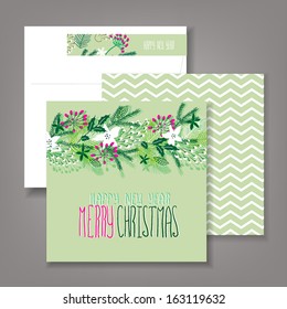 Merry Christmas and Happy New Year Card. Christmas Wreath.