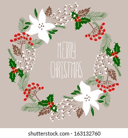 Merry Christmas and Happy New Year Card. Christmas Wreath.