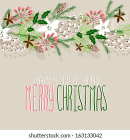 Merry Christmas and Happy New Year Card. Christmas Wreath.