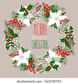 Merry Christmas and Happy New Year Card. Christmas Wreath.