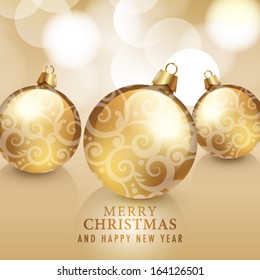 Merry Christmas and Happy New Year card with gold balls.  Vector illustration 