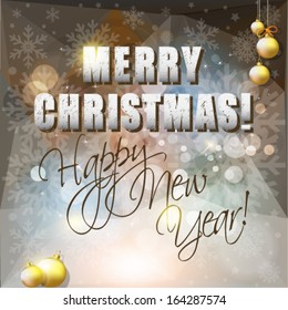 Merry Christmas and Happy New Year  card or background with snowflakes and gold balls.  Vector art.