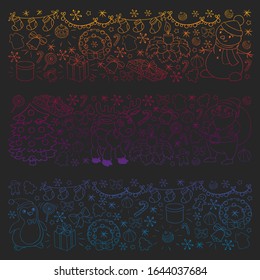 Merry Christmas and happy new year. Santa Claus, deer, snowman, penguin. Vector pattern.