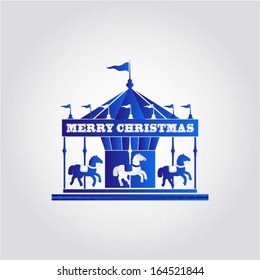 Merry Christmas / Happy New year. Blue horse year. Vintage merry-go-round / carousel icon, fair symbol, vector illustration