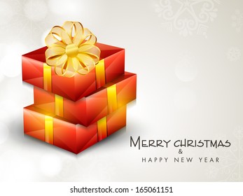 Merry Christmas and Happy New Year 2014 celebration flyer, banner or poster with gift boxes wrapped in golden ribbon. 