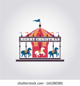 Merry Christmas / Happy New year. Blue horse year. Vintage merry-go-round / carousel icon, fair symbol, vector illustration