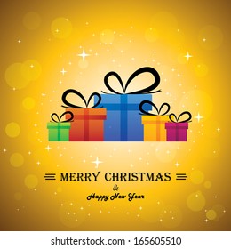 Merry christmas & happy new year with gifts - concept vector. This abstract graphic contains colorful gift boxes with xmas lights bokeh & stars in the background