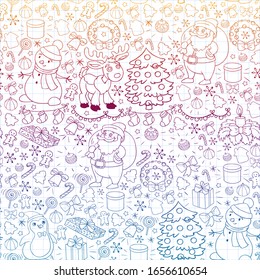 Merry Christmas and happy new year. Santa Claus, deer, snowman, penguin. Vector pattern.