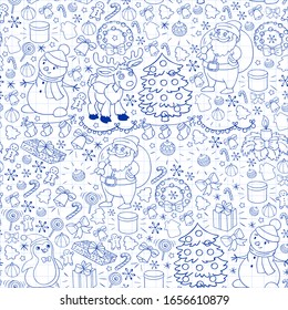 Merry Christmas and happy new year. Santa Claus, deer, snowman, penguin. Vector pattern.