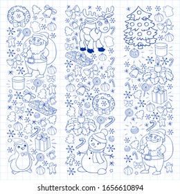 Merry Christmas and happy new year. Santa Claus, deer, snowman, penguin. Vector pattern.