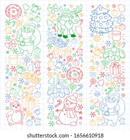 Merry Christmas and happy new year. Santa Claus, deer, snowman, penguin. Vector pattern.