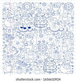 Merry Christmas and happy new year. Santa Claus, deer, snowman, penguin. Vector pattern.