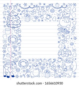 Merry Christmas and happy new year. Santa Claus, deer, snowman, penguin. Vector pattern.