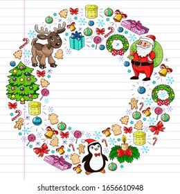 Merry Christmas and happy new year. Santa Claus, deer, snowman, penguin. Vector pattern.