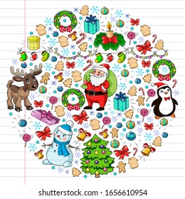 Merry Christmas and happy new year. Santa Claus, deer, snowman, penguin. Vector pattern.