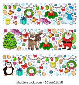 Merry Christmas and happy new year. Santa Claus, deer, snowman, penguin. Vector pattern.