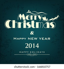 Merry Christmas and Happy New Year 2014 celebration greeting card or invitation card with stylish text on blue background. 