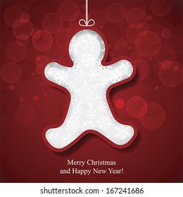 Merry Christmas and Happy New Year text greeting card. Winter holiday background with blank Gingerbread cookie, vector 