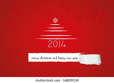 merry Christmas and happy new year. holiday red background with paper ribbon, stylized Christmas tree