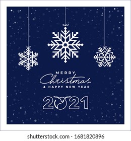 Merry Christmas And A Happy New Year 2021 Greeting Card, Banner, Poster, Postcard, Flyer. Vector Illustration With White Hanging Snowflakes, Numbers, Ox And Text On Blue Isolated Background
