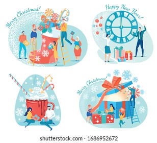 Merry Christmas and Happy New Year Set. People Stuffing Red Stocking with Gifts. Party by Wall Clock Striking Midnight. Couple with Presents by Cup with Hot Chocolate. Getting Surprises This Winter.