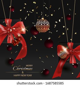 Merry Christmas and Happy New Year Background. Gift boxes with realistic red bow and Holly Berries. Red Christmas balls, glitter gold confetti