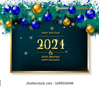 Merry Christmas and happy New year 2021. Gold lettering on vintage blue wooden background. Vector