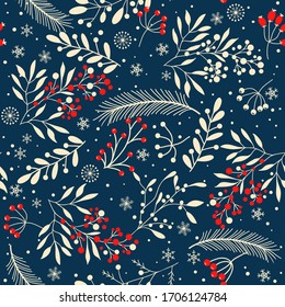 Merry Christmas, Happy New Year seamless pattern with branches, leaves, berries and snowflakes for greeting cards, wrapping papers. Seamless winter pattern. Vector illustration.