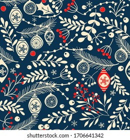 Merry Christmas, Happy New Year seamless pattern with branches, leaves, berries and toys for greeting cards, wrapping papers. Seamless winter pattern. Vector illustration.